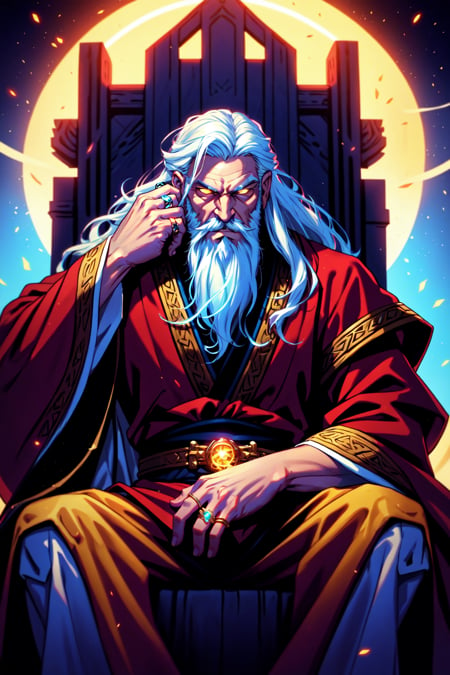 olo, long hair, looking at viewer, 1boy, jewelry, sitting, yellow eyes, white hair, male focus, wide sleeves, glowing, facial hair, ring, glowing eyes, beard, robe, throne