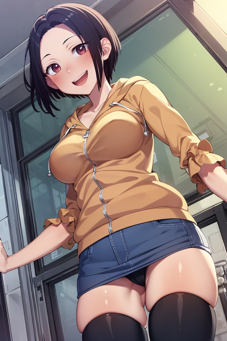 (masterpiece, best quality), 1girl, (solo), looking at viewer,smile, open mouth, teeth, happy, blush,<lora:AngryExGF (Stopman)-offset:1>, Angry-Ex-GF, red eyes, breasts, forehead,orange hoodie, denim skirt, miniskirt, black thighhighs, black undershirt,