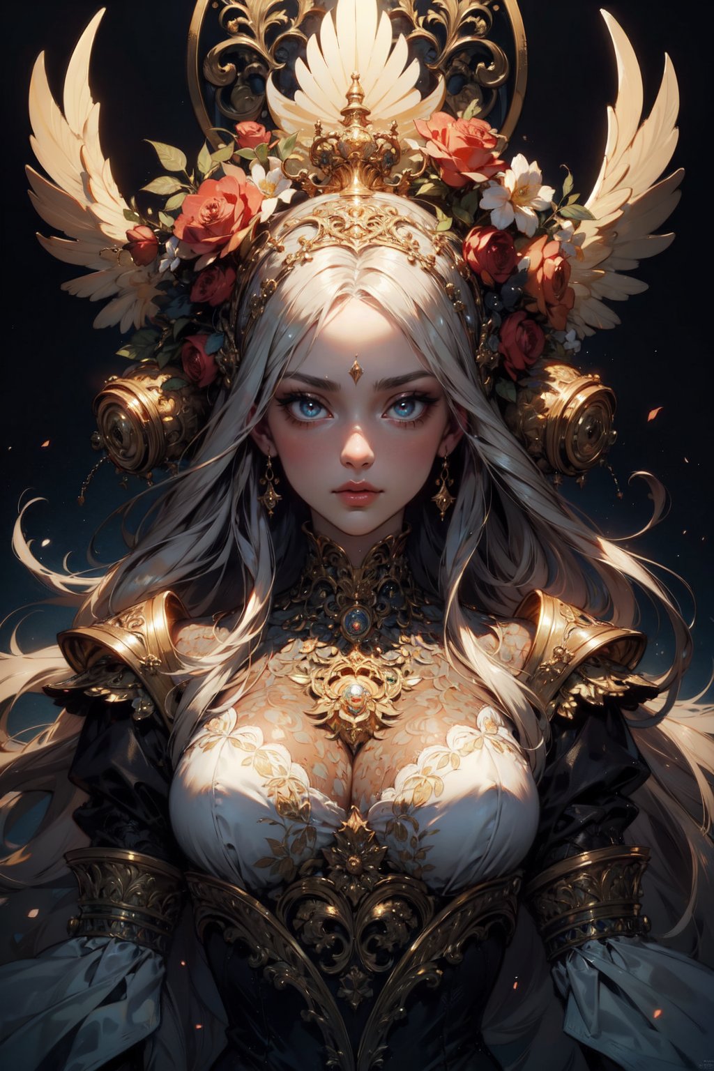 ((female ornate princess)), (with white long flowing hair), (bright beautiful eyes), trending on artstation, flowers of hope by Jean-Honor Fragonard, Peter mohrbacher, hyper detailed, insane details, stunning, intricate, elite, art nouveau, ornate, liquid wax, elegant, extravagant, luxury, Greg Rutkowski, ink style, sticker, vector-art, beautiful character design, double exposure shot, luminous design, award winning, masterpiece, amoled black background, (full torso),