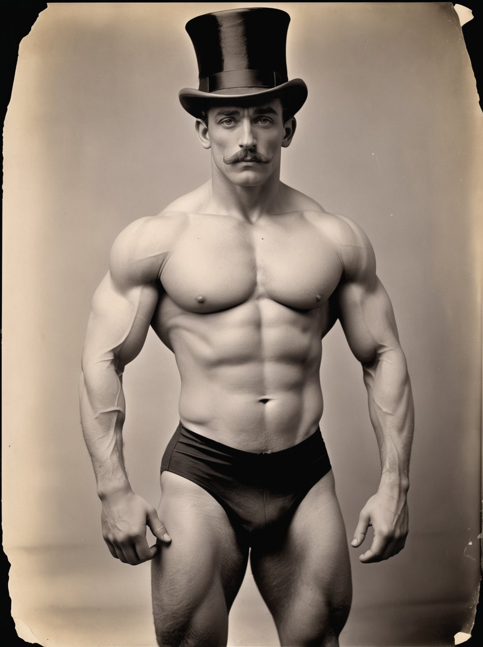 A damaged, black and white photo of a victorian man with a top hat, bodybuilder, tight briefs, top hat