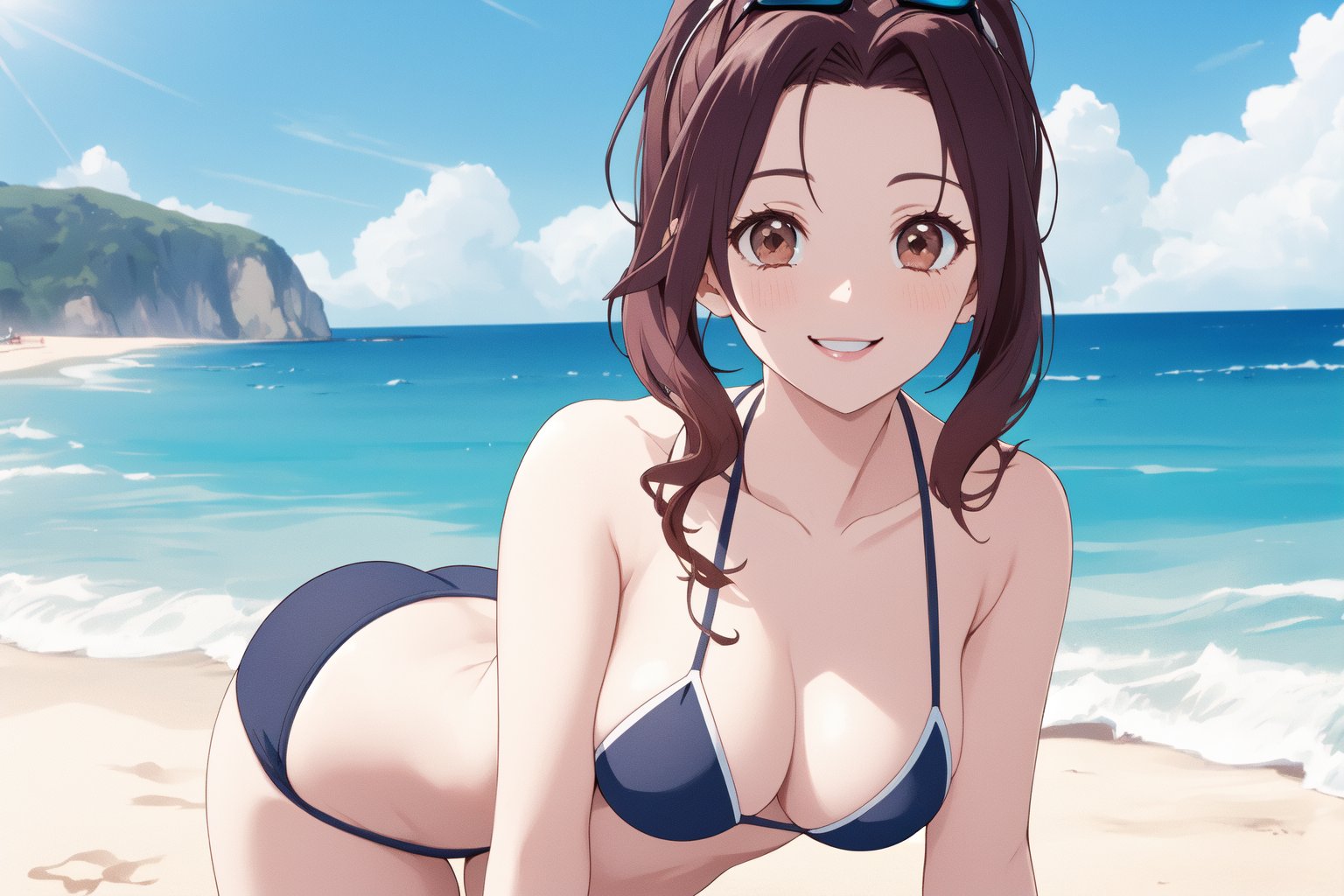 (RAW photo, best quality), 1girl,  natural lighting, smile, beach, bikini, ocean front, sunglasses, <lora:aoi_takamoto_dr_elise_v1_2-000005:1>, aoi takamoto