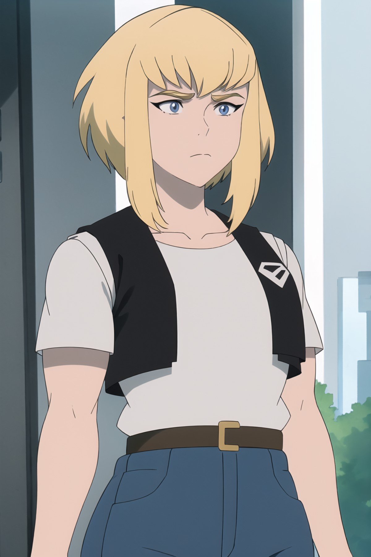 1girl, solo, <lora:kara-10anime:1>,Kara Zor-el, 1girl, solo, short hair, shirt, closed mouth, collarbone, vest, thick eyebrows, open black vest, animification, (anime coloring:1.2), beautiful detailed eyes, jeans