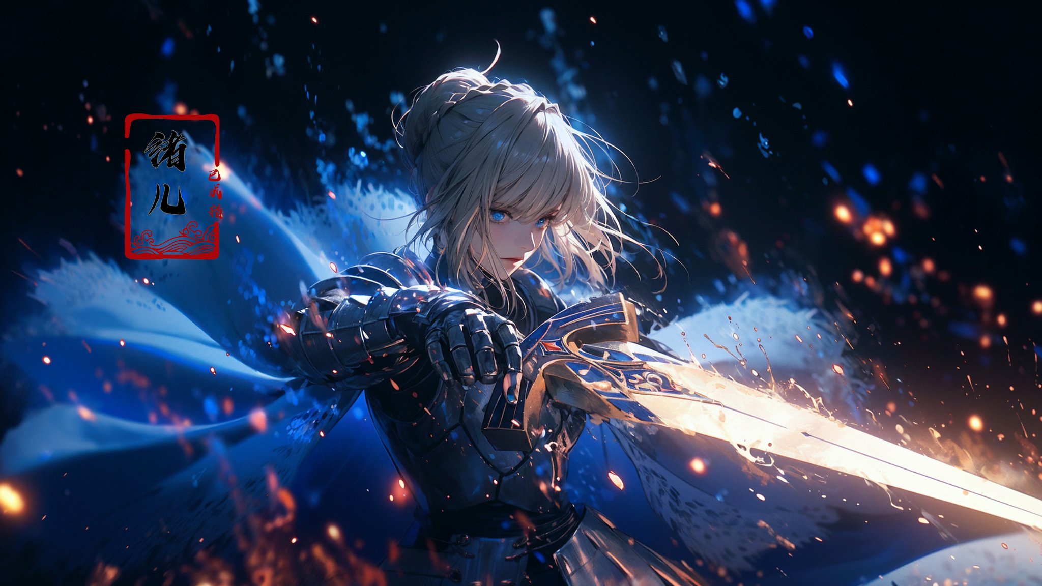 artoria_pendragon_\(fate\), sword, weapon, saber, holding_sword, armor, blurry, solo, blurry_foreground, depth_of_field, holding_weapon, braid, blurry_background, gauntlets, ahoge, blonde_hair, hair_ribbon, blue_ribbon, glowing_weapon, green_eyes, holding, glowing_sword, fire, ribbon, sparks, excalibur_\(fate/stay_night\), looking_at_viewer，Epic CG masterpiece, hdr,dtm, full ha,8K, ultra detailed graphic tension, dynamic poses, stunning colors, 3D rendering, surrealism, cinematic lighting effects, realism, 00 renderer, super realistic, full - body photos, super vista, super wide Angle, HD，(Blue smoke enveloped the body:1.5)，(solo focus:1.7)，Saber，1girl, In hand sword，blue dress，Blue bow，gorgeous armor，platinum blonde hair，close-up,(imid shot,macro shot:1.25),(Detailed face description),(Detailed hair description),(Detailed clothes description),A shot with tension，(sky glows red,Visual impact,giving the poster a dynamic and visually striking appearance:1.2),