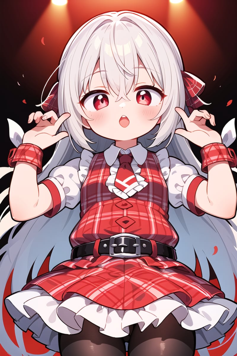 <lora:talkmouth_U_type1_v200:1>insanely detailed, absurdres, ultra-highres, ultra-detailed, best quality,1girl, solo, nice hands, perfect handsBREAK(Enchant:1.4), (red theme:1.5), ((red plaid pattern, tone on tone):1.4), (idol uniform:1.2), (fusion of sleeveless (red plaid pattern) vest and red sundress:1.4), (red tie:1.4), ((red plaid pattern) multi-layered skirt with ruffles:1.3), ((red:1.3) platform HIGH boots:1.1), (red plaid pattern ribbon on head:1.3)    BREAK    (short sleeve white collared-shirt dress layering:1.2), (black pantyhose:1.2), (belt:1.3), (wristband:1.3), (naked skin:-1), (black vest:-1), (white vest:-1), (black skirt:-1), (white skirt:-1), (cleavage:-1.5)BREAKsmile, open mouthBREAK(45 angle:-1.5), (from side:-1.5),standing, cowboy shot, looking at viewerBREAKslender, kawaii, perfect symmetrical face, ultra cute girl, ultra cute face, ultra detailed eyes, ultra detailed hair, ultra cute, ultra beautifulBREAKin coffee shop, depth of field, ultra detailed backgroundBREAKmedium large breastsBREAKgrey hair, red eyes, bob, hair between eyes