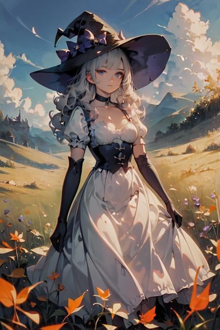 score_9, score_8_up, score_7_up, 1girl, witch hat, hat, solo, long hair, flower, dress, choker, puffy sleeves, looking at viewer, grass, white dress, bow, hat bow, white hair, black choker, plant, outdoors, blue eyes, purple eyes, black headwear, bangs, long sleeves, gloves, witch, blue bow, wavy hair, short sleeves, puffy short sleeves, elbow gloves, black gloves, standing, field, grey hair, sky, purple bow, breasts, curly hair, parted lips, expressionless, cowboy shot, closed mouth, leaf <lora:Anime Summer Days 2 Style SDXL_LoRA_Pony Diffusion V6 XL:1>