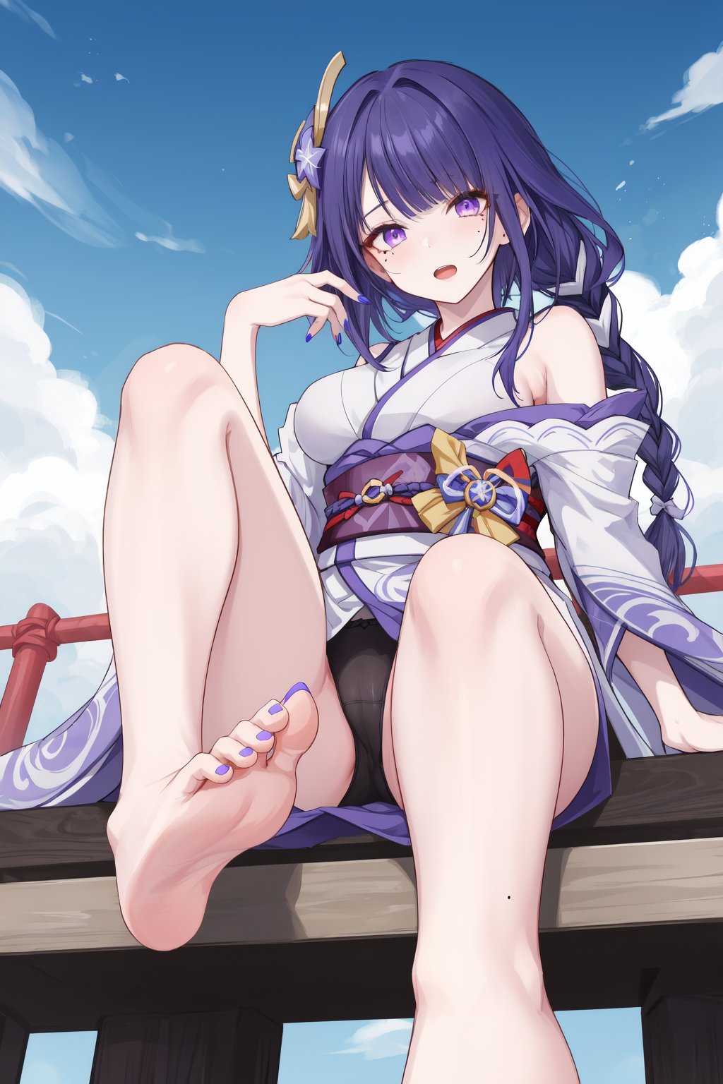 raiden shogun, breasts, 1girl, feet, purple hair, barefoot, purple nails, large breasts, purple eyes, slime \(genshin impact\), long hair, bangs, soles, toes, underboob, foot focus, looking at viewer, nail polish, braid, sitting, sash, hair ornament, obi, sky, blue sky, mole, braided ponytail, kimono, holding, thighs, mole under eye, japanese clothes, open mouth, toenails, toenail polish, day, underwear, panties, legs, from below, outdoors, md-style