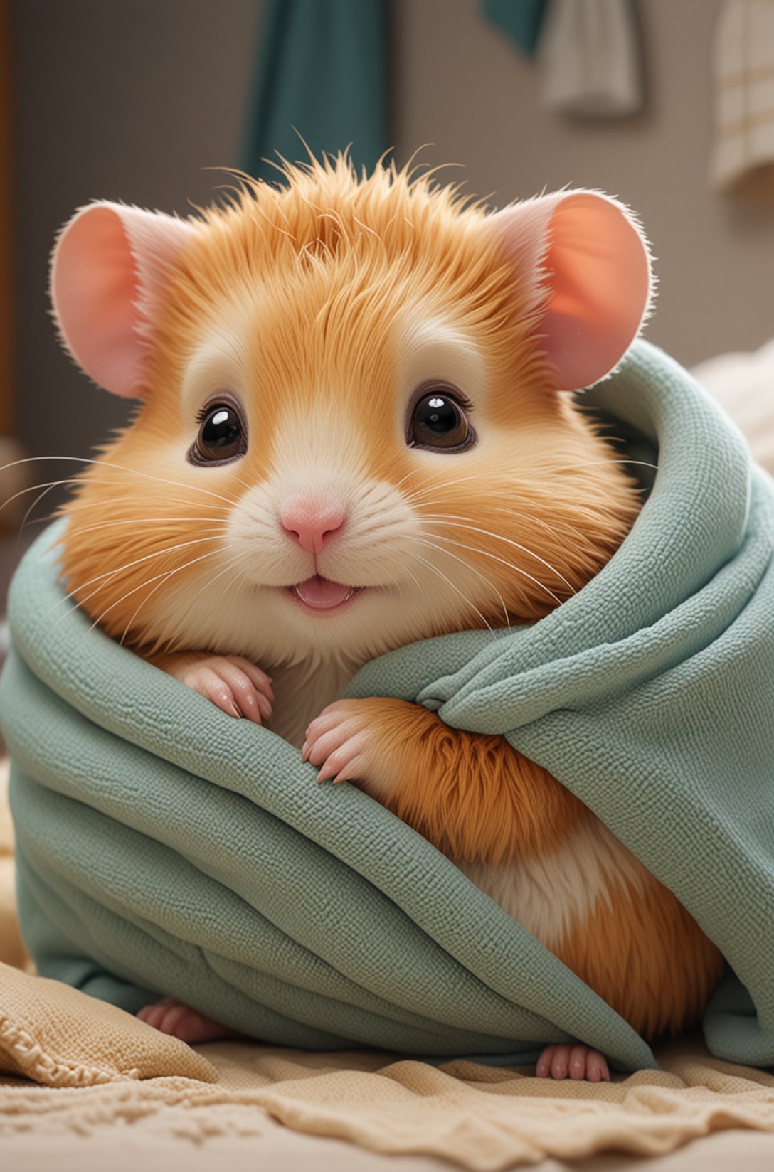 Cute cartoon style of a adorable little colourful Hamster, snuggled, curled up, smiling, sleeping with a little blanket, tiny bedroom, on a bed under the blanket, ethereal, soft, detailed, beautiful, cosy, cute, Pixar, snoozing, 3D render, UHD