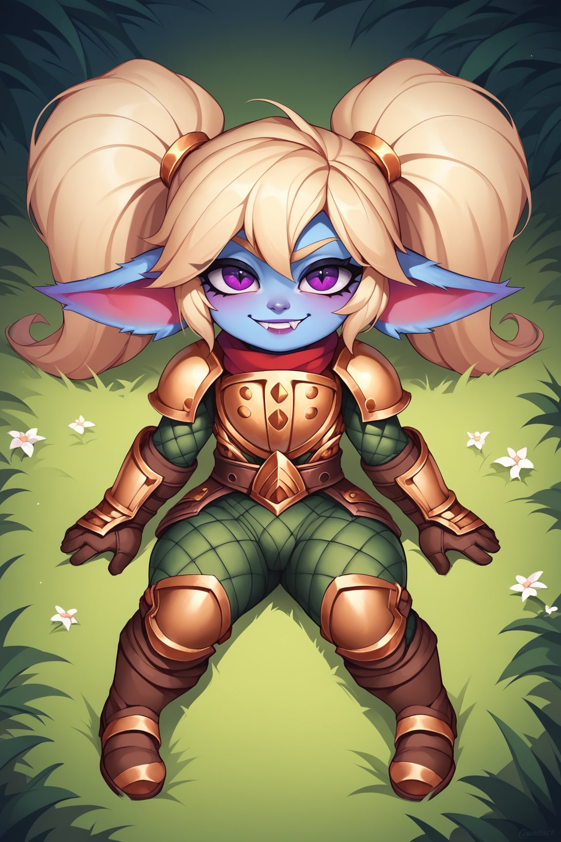 score_9, score_8_up, score_7_up, score_6_up, score_5_up, score_4_up, PoppyLoLXL, yordle, shortstack, purple eyes, blonde hair, twintails, blue skin, colored skin, golden armor,green snakeskin shirt, green snakeskin pants, brown boots, lying on grass, looking at viewer, seductive smile, forest, tree  <lora:PoppyLoLXL:0.7>