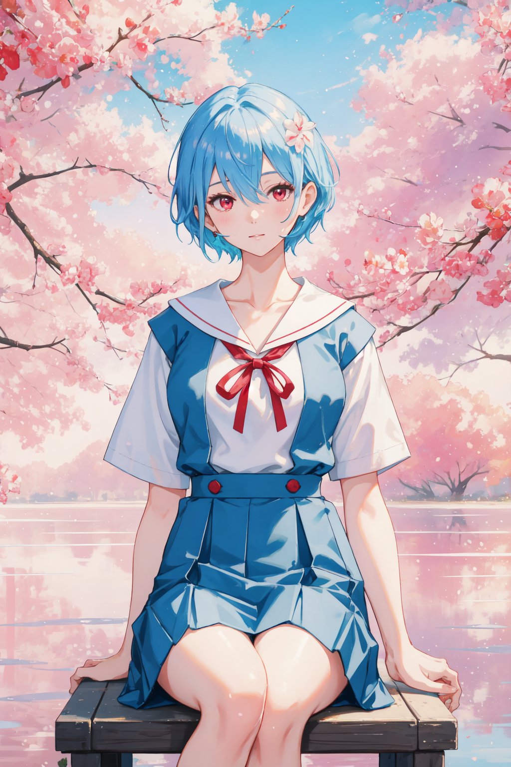 <lora:Rei-000011:0.6>,Rei CYQL,1girl,looking at viewer,solo,blue hair,red eyes,hair between eyes,medium breasts,Rei School,short hair,tokyo-3 middle school uniform,collarbone,white shirt,short sleeves,red ribbon,white sailor collar,blue skirt,suspender skirt,black socks,white shoes,happy,portrait,Fine dining,Restaurants,Cuisine,Gourmet,Food court,(Lotus blooms, Lily pads, Dragonflies, Calm water, Pink hues, Morning mist:0.5),beautiful detailed sky,beautiful detailed glow,posing in front of a colorful and dynamic background,masterpiece,best quality,beautiful and aesthetic,contrapposto,female focus,wallpaper,