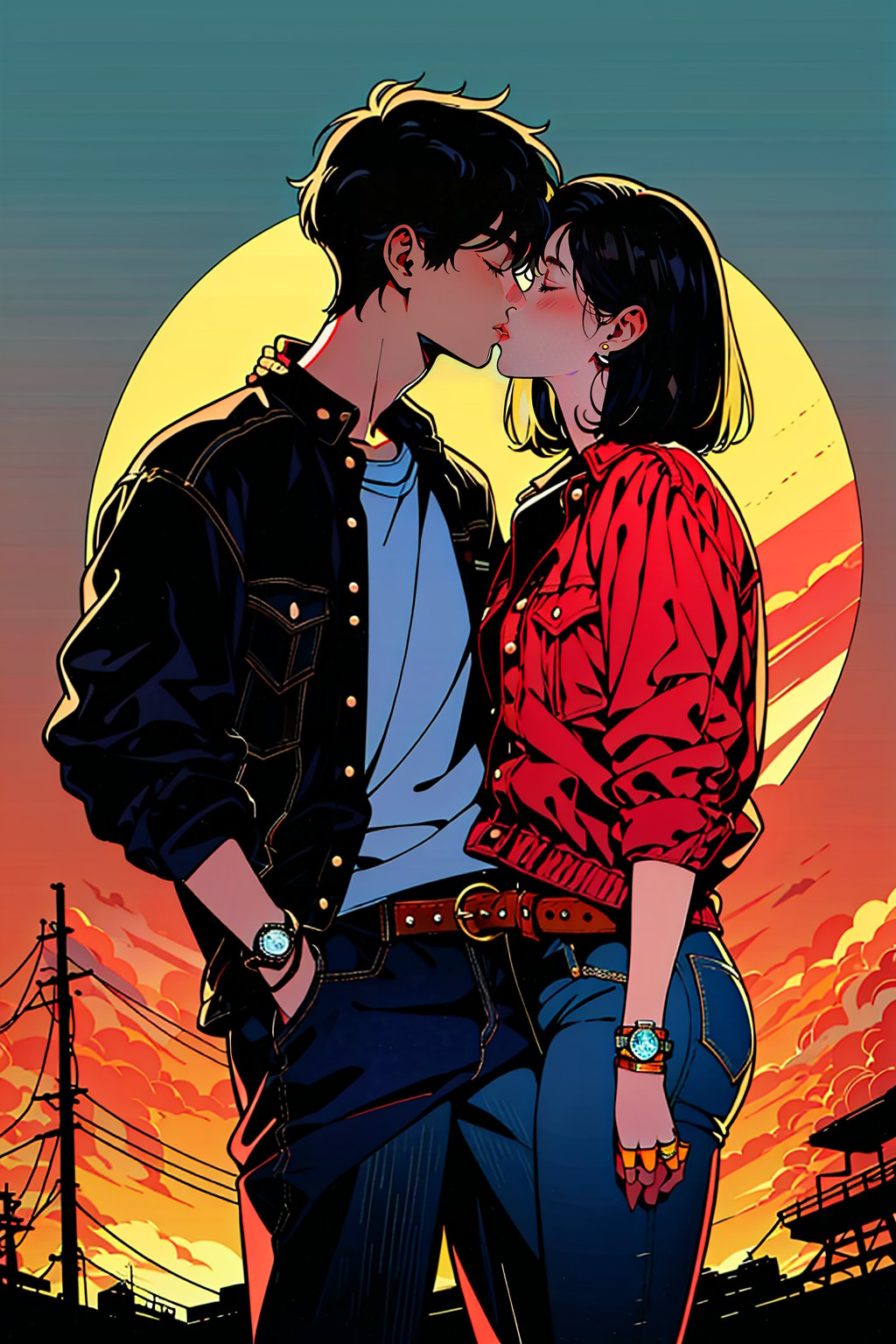 HTTP, 1girl, 1boy, hetero, kiss, black hair, jacket, watch, wristwatch, closed eyes, weapon, jewelry, belt, pants, sky, couple, sunset, short hair, denim, sword, shirt, long hair<lora:HTTP_20231211123040-000008:1>