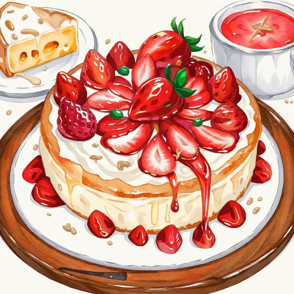 An appetizing cheese strawberry cake, presented in a vibrant watercolor style. The cake features layers of rich, creamy cheese filling and fresh, bright red strawberries on top. Each strawberry is delicately painted, with attention to its natural sheen and texture. The cheese layer is smooth and luscious, with watercolor hues highlighting its creamy texture. The cake sits on a rustic wooden table, with a few strawberry slices and crumbs artfully scattered around, adding to the composition's authenticity. The background is a soft wash of pastel colors, lending a dreamy, artistic quality to the entire scene,<lora:waterdrawfd:0.85>