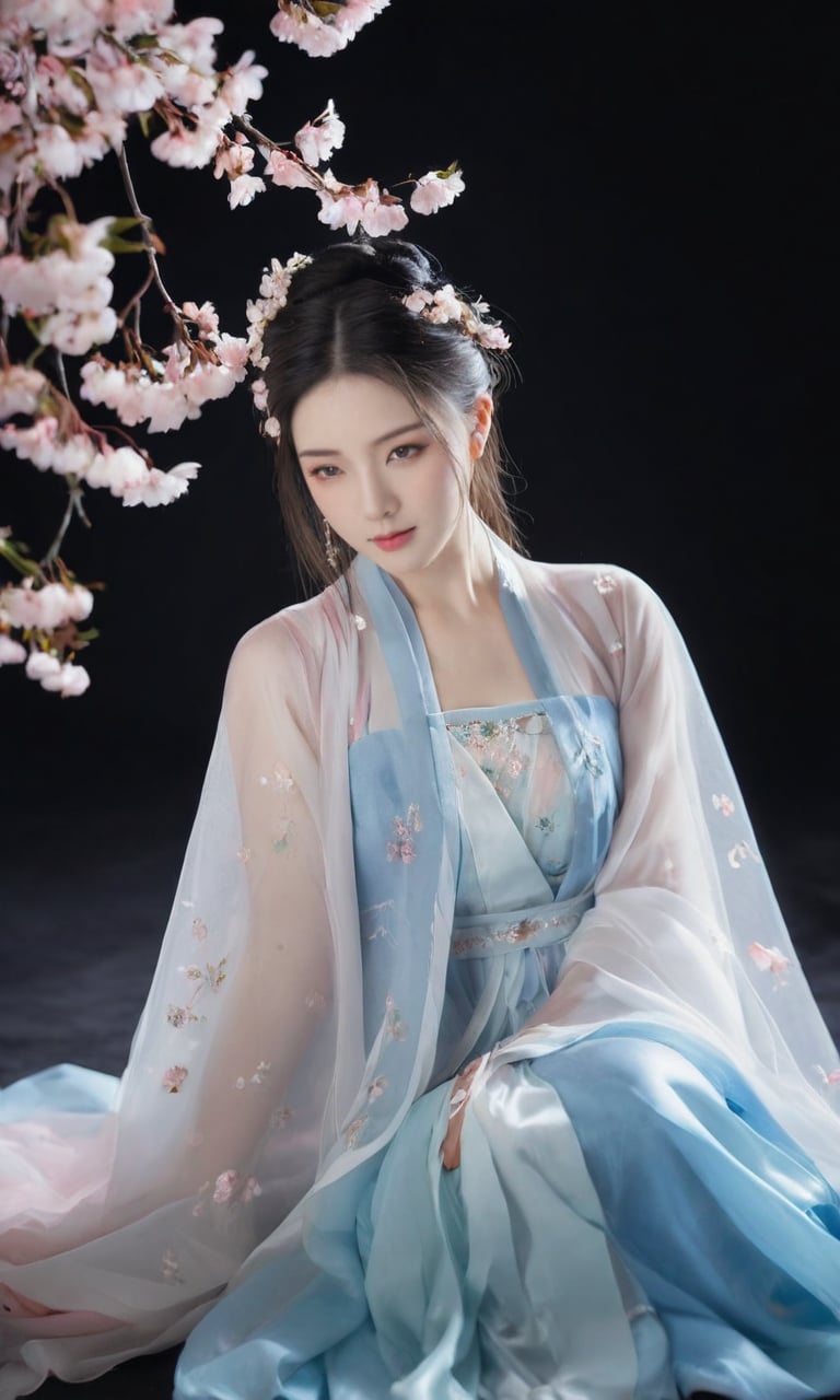 a woman in a blue period dress sitting on the ground,traditional attire,hanfu,cherry blossoms,serene expression,seated pose,ethereal lighting,black background,flowing fabric,reflective surface,high contrast,gentle gaze,soft makeup,pastel colors,blurred petals falling,cultural,fantasy ambiance,elegance,grace,historical costume,fabric draping,photoshoot,artistic composition,side lighting,blue gradient dress,tranquil atmosphere,delicate accessories,hair ornaments.,