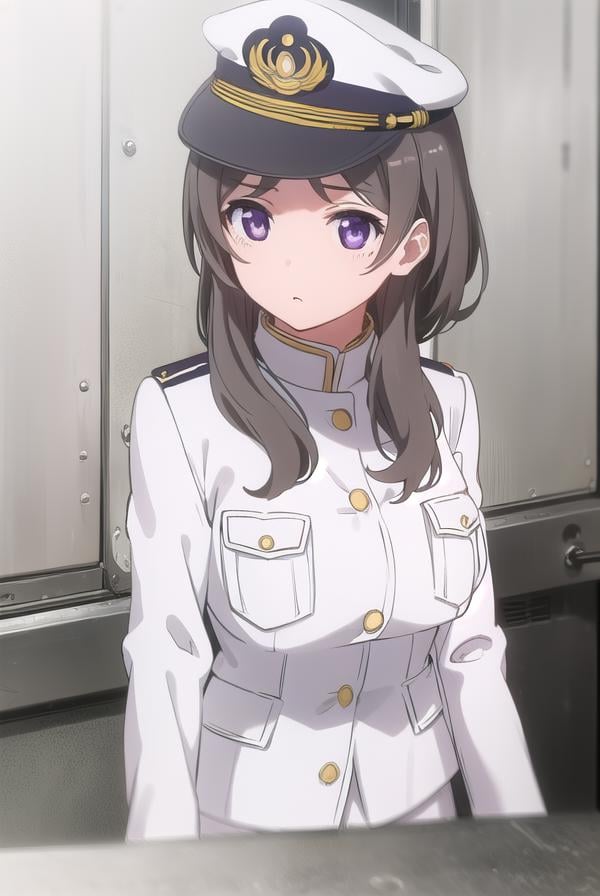 chinamoeka, <lora:china moeka s1-lora-nochekaiser:1>,china moeka, long hair, brown hair, (purple eyes:1.1),BREAK hair ornament, hat, hairclip, uniform, military, military uniform, peaked cap, naval uniform, (white uniform:1.5),BREAK outdoors, ship, navy,BREAK looking at viewer, (cowboy shot:1.5),BREAK <lyco:GoodHands-beta2:1>, (masterpiece:1.2), best quality, high resolution, unity 8k wallpaper, (illustration:0.8), (beautiful detailed eyes:1.6), extremely detailed face, perfect lighting, extremely detailed CG, (perfect hands, perfect anatomy),