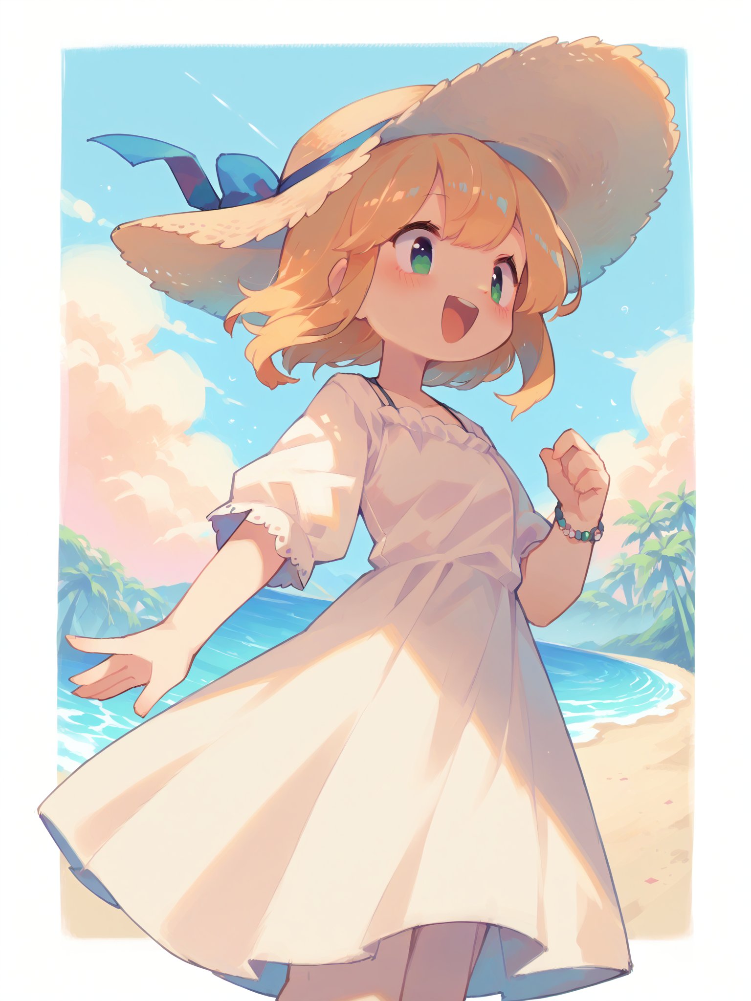 score_9, score_8_up, score_7_up, score_6_up, score_5_up, score_4_up, source_anime, rating_safe, embedding:zPDXL2, 1girl, solo, beach, cowboy shot, happy, open mouth, white dress, sun hat, (dutch angle, tilted:1.3), (white frame, white border:1.3)