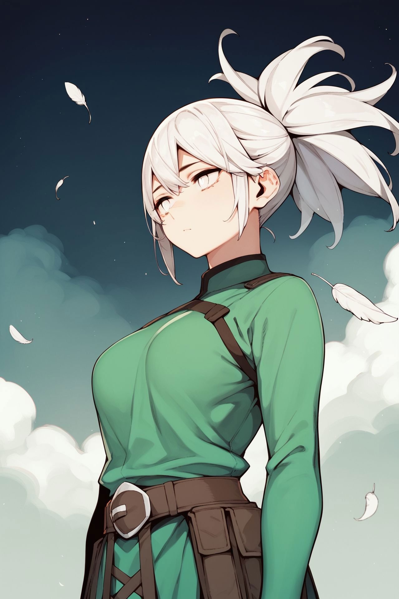 score_9, score_8_up, score_7_up, 1girl, \o/, sleepy, white hair, feather_bangs, high_ponytail, white eyes, breasts, green clothes, outdoors,  foggy atmosphere <lora:Takemura_Youhei_PonyXL_style_v01:1>