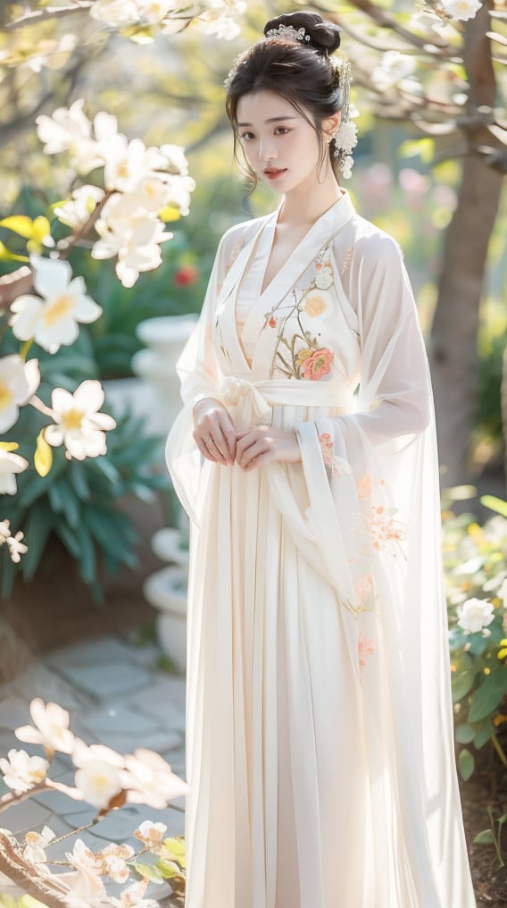 Chinese hanfu,A gentle girl in ancient Chinese style, Petite in stature, Dressed in goose yellow costume, It is embroidered with peach blossoms, Wear your hair in a simple bun, Earrings pearls, Enjoy the flowers in the garden,