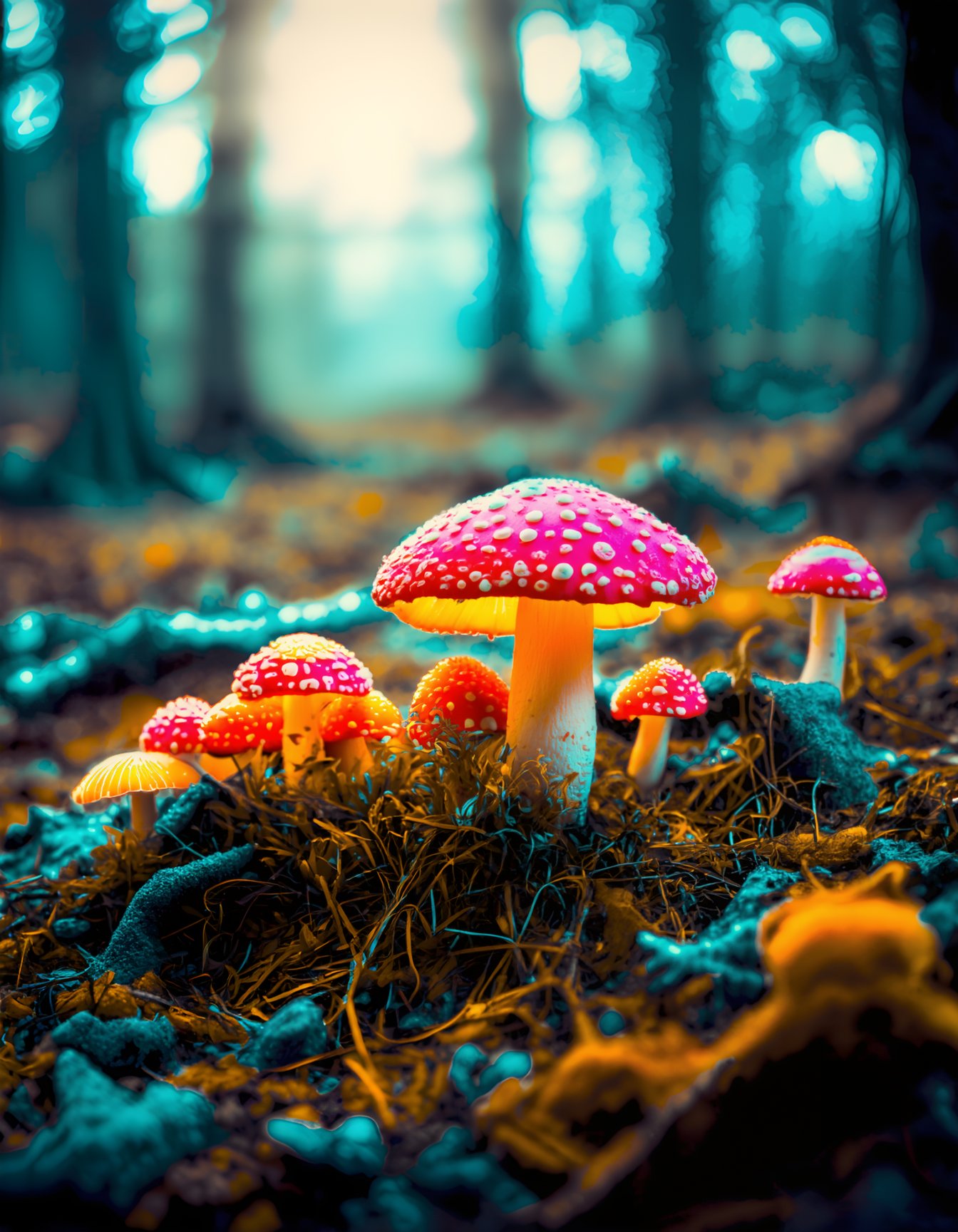 (best quality,4k,8k,highres,masterpiece:1.2),ultra-detailed,realistic, colorful mushrooms, close up, macro photography, vibrant colors, intricate patterns, magical forest theme, dreamlike atmosphere, soft lighting, bokeh, surreal art style ,