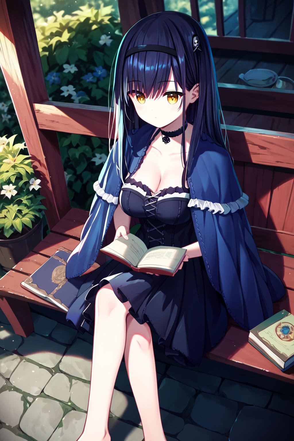 score_9, score_8_up, score_7_up, score_6_up, rating_safe, source_anime, best quality, masterpiece, detailed eyes, front porch, sitting on a porch swing, crossed legs, reading a book, half-closed eyes, <lora:kushima-kamome-xl-03:1.2>, kushima kamome, black dress with blue shawl, yellow eyes, black headband, black choker, frilled straps, medium breasts, full breasts, slight cleavage,