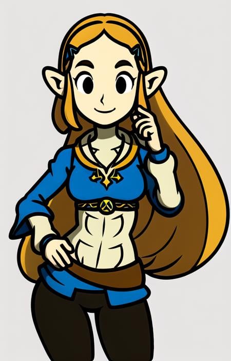 masterpiece, best quality, 1girl, solo, princess zelda, smile, nintendo, the legend of zelda, botw, black pants, <lora:RhythmHeavenV1.1:0.7>, <lora:zelda_botw_v1:0.8>