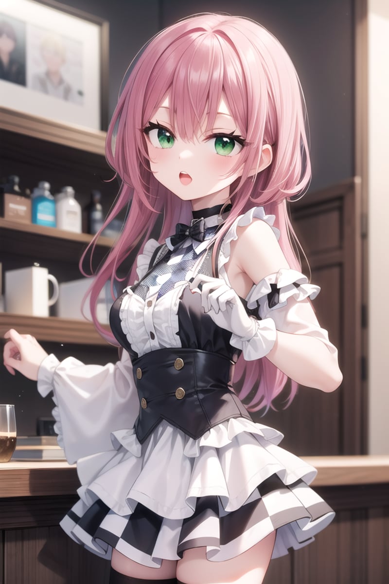 <lora:talkmouth_U_type1_v200:1>insanely detailed, absurdres, ultra-highres, ultra-detailed, best quality,1girl, solo, nice hands, perfect handsBREAK(a checkered clothes:2.0), (a checkered idol clothes:1.6), (short frill sleeve:1.3), (layered skirt,multilayer-skirt:1.6), (white thigh-high socks:1.4), (white choker,white glove with frill:1.3)BREAK(nsfw:-1.5)BREAKsmile, open mouthBREAK,standing, cowboy shot, looking at viewerBREAKslender, kawaii, perfect symmetrical face, ultra cute girl, ultra cute face, ultra detailed eyes, ultra detailed hair, ultra cute, ultra beautifulBREAKin coffee shop, depth of field, ultra detailed backgroundBREAKmedium breastsBREAKred hair, green eyes, long hair, 