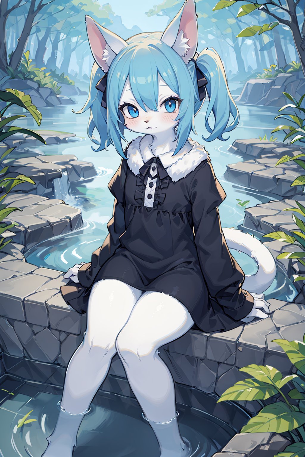 ((masterpiece, best quality)),furry, animal ears,  tail, bodyfur, (ultra-detailed), (illustration), (ultra highres), (delicate illustration), (hyper detailed),1girl, blue_dress, blue_eyes, blue_hair, blush, dress, long_sleeves, outdoors, pond, short_hair, sitting, soaking_feet, solo, twintails, two_side_up, water