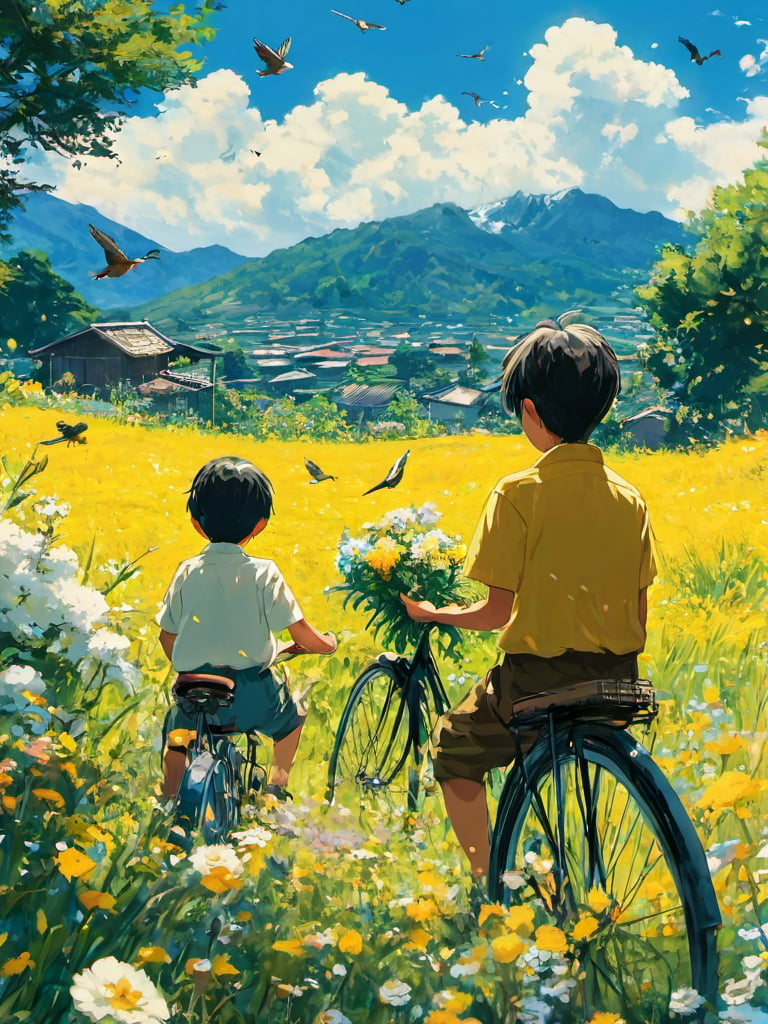 zyx01, outdoors, sky, flower, cloud, 2boys, scenery, multiple boys, day, shirt, bird, field, male focus, short hair, tree, blue sky, grass, from behind, blue shirt, short sleeves, pants, black hair, house, facing away, cloudy sky, mountain, white flower, striped, yellow flower, bicycle, standing, brown hair, nature,<lora:zyx01:0.8>,, masterpiece, best quality,