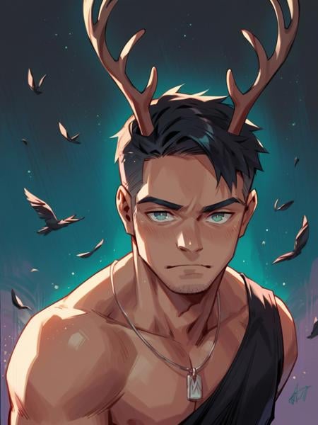 score_9, score_8_up, score_7_up, score_6_up, score_5_up, score_4_up,   <lora:T0n1XLP:0.9> T0n1, 1boy, colorful, night, dark, low light, long black hair, antlers, tan skin