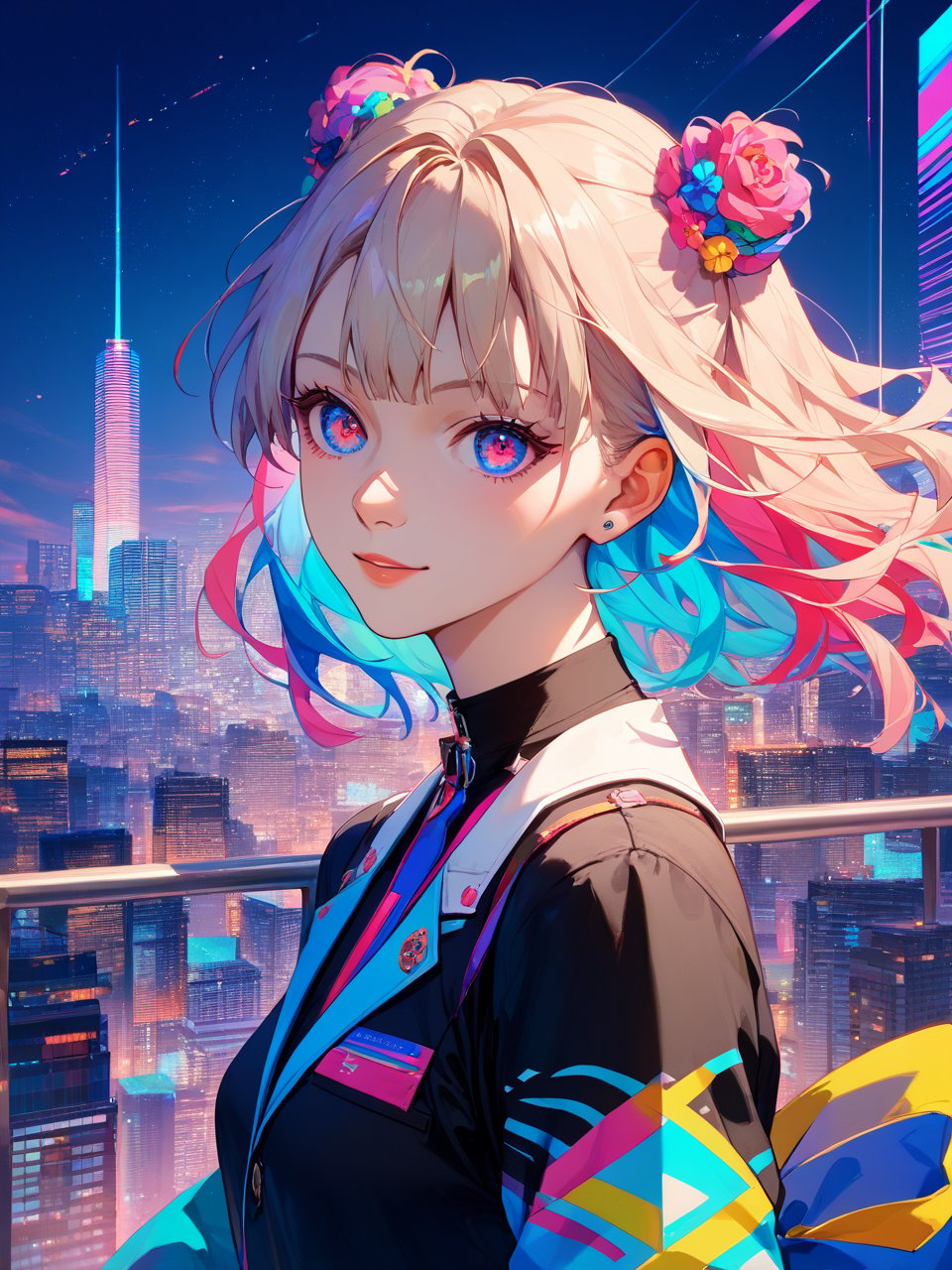 score_9,score_8_up,score_7_up,1girl,solo,anime-inspired charming girl in a vibrant cityscape,vivid colors,anime aesthetic,expressive eyes,colorful and dynamic palette,positive mood,anticipation and curiosity,visually engaging,cinematic framing,