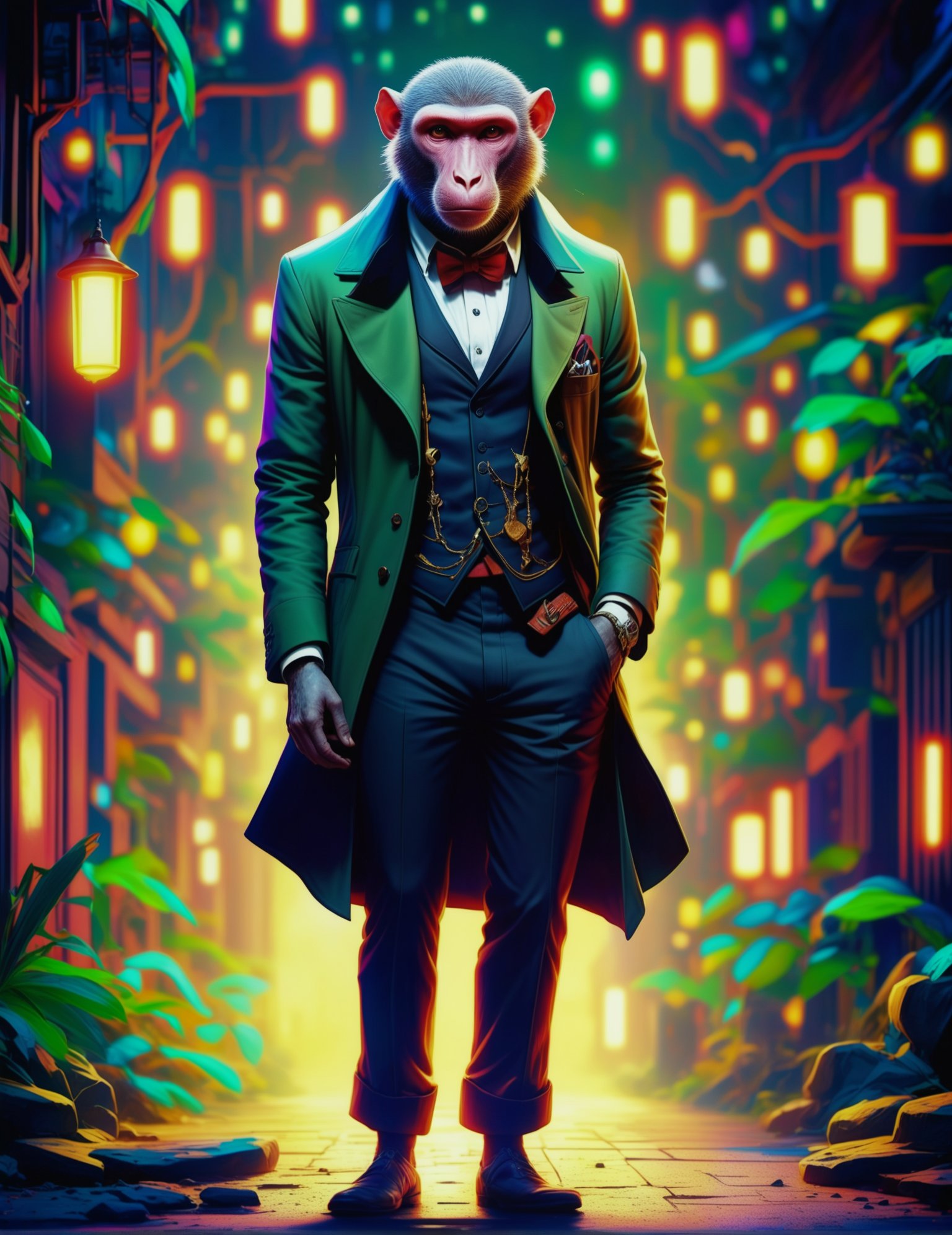 Wide angle Villagecore illustration, (Solo figure in Dapper Gangster Outfit:1.3), Off-center composition, Standing pose, (Long-sleeved attire:1.2), Glowing Firefly Forest setting, Artistic whisker details, Casual yet captivating.<lora:Human Cat XL-09:1>(hmnzct Olive Baboon:1.3),