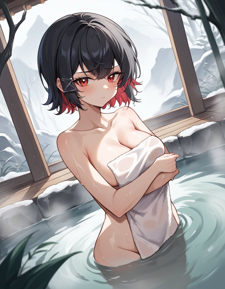 score_9, score_8_up, score_7_up, source_anime, ellenjoe, <lora:ellen-joe-ponyxl-lora-nochekaiser:1>, ellen joe, black hair, colored inner hair, multicolored hair, red eyes, red hair, short hair, two-tone hair,, nude, naked, outdoors, onsen, towel, naked towel, steam, bathing, nude cover, partially submerged, water, bath, steam censor, wet towel, blush, looking at viewer, solo, cowboy shot, dutch angle