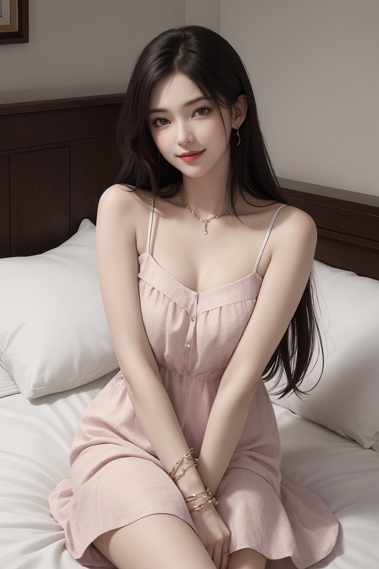 1girl, bed, black hair, bracelet, dress, jewelry, lips, long hair, looking at viewer, pillow, realistic, sitting, smile, solo, watch, wristband, wristwatch <lora:jk美女:0.8>