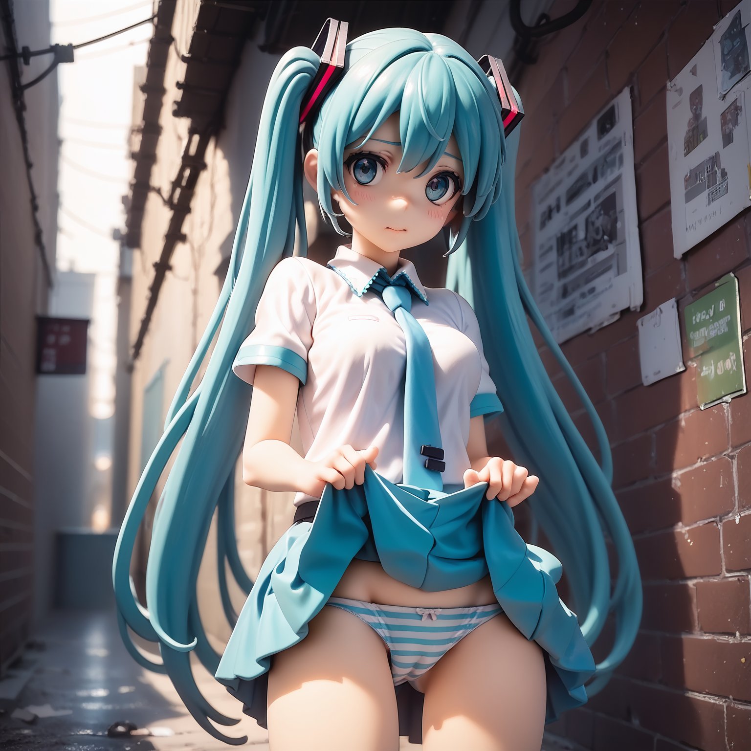 score_9,score_8_up,score_7_up,PVCstyle,BREAKhatsune_miku,skirt_lift,striped_panties,alley, 