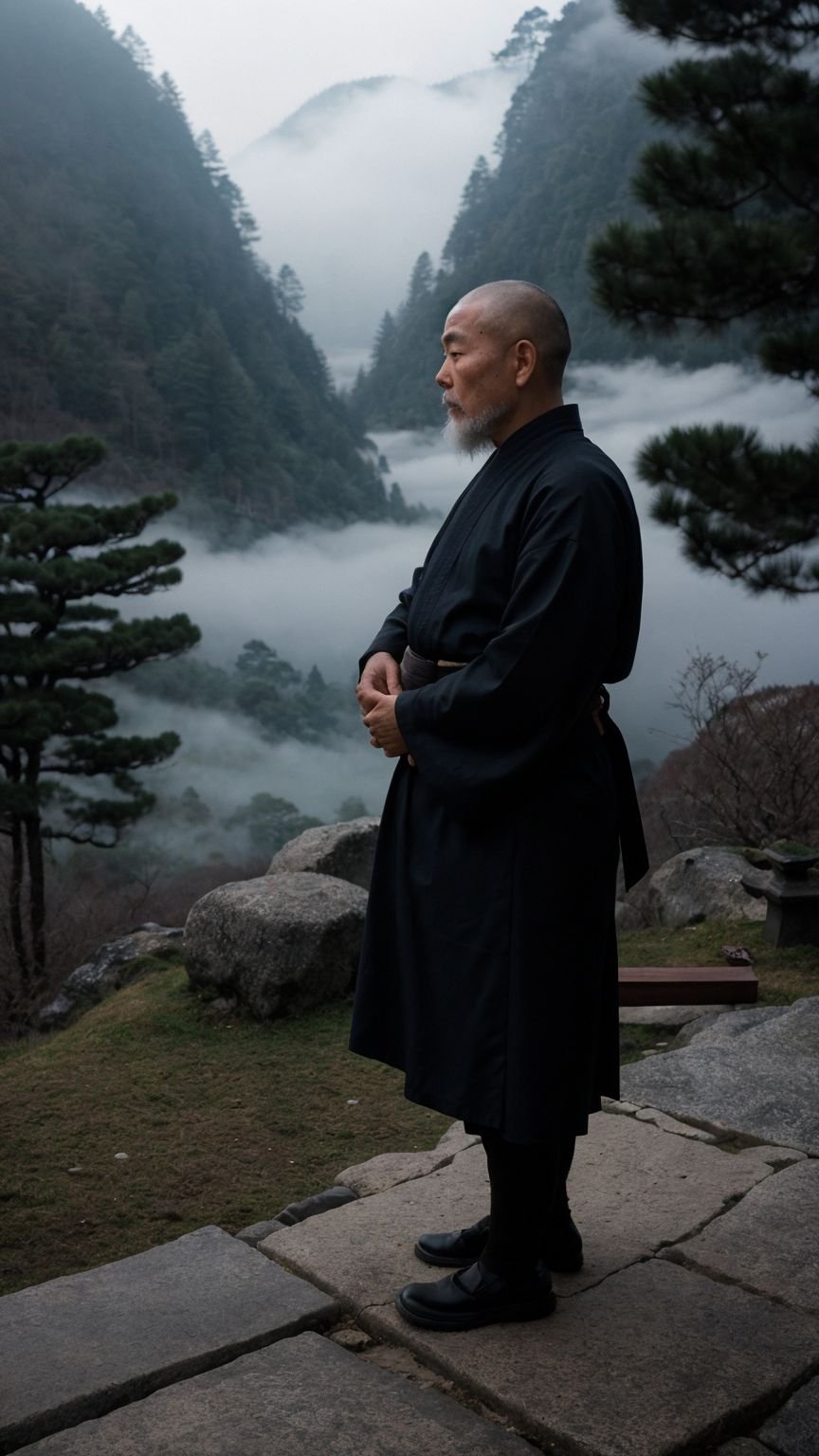 film still, Old Japanese monk, misty mountain shrine, meditative posture, flowing beard, mist-kissed surroundings, profound stillness, spiritual connection, dark hour lighting, smooth shading