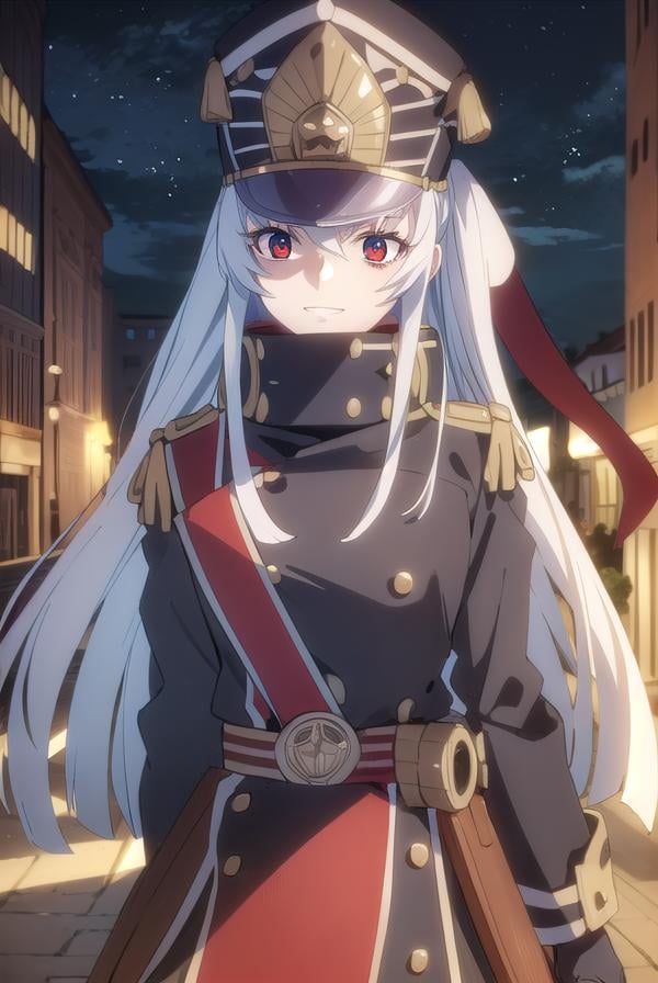 recreatorsaltair, <lora:recreators altair s1-lora-nochekaiser:1>, altair, long hair, (red eyes:1.3), very long hair, white hair, smile, grin,BREAK gloves, hat, uniform, military, military uniform, shako cap,BREAK outdoor, city, night, sky, buildings, moon, clouds,BREAK looking at viewer, (cowboy shot:1.5),BREAK <lyco:GoodHands-beta2:1>, (masterpiece:1.2), best quality, high resolution, unity 8k wallpaper, (illustration:0.8), (beautiful detailed eyes:1.6), extremely detailed face, perfect lighting, extremely detailed CG, (perfect hands, perfect anatomy),