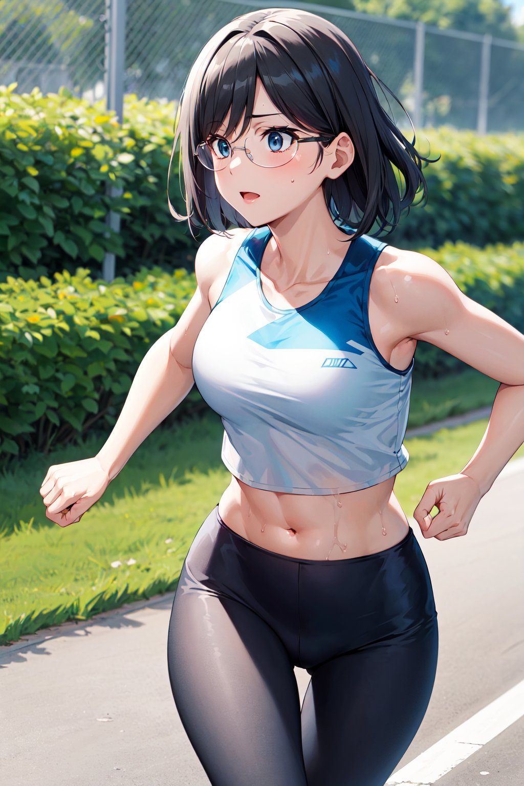 masterpiece, best quality, highres, aamii, short hair, blue eyes, glasses, <lora:konori_mii_v1:0.7>, crop top, white shirt, sleeveless, leggings, outdoors, running, sweat, 