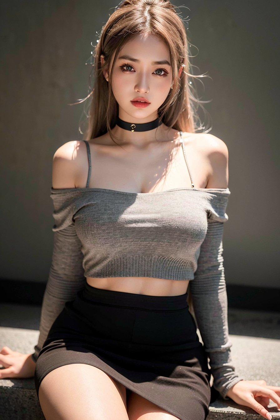 best quality, ultra high res, (photorealistic:1.4), 1girl, off-shoulder shirt, black skirt, black choker, (faded ash gray hair:1), (large breasts), looking at viewer, closeup <lora:chinaDollLikeness_v10:0.66>