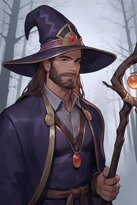 score_9, score_8_up, score_7_up, rating_safe, 1boy, solo, male focus, mature male, wizard, long hair, brown hair, black eyes, looking at viewer, hat, facial hair, beard, mustache, staff, wizard hat, purple hat, shirt, collared shirt, robe, purple robe, cloak, holding, holding staff, upper body, standing, outdoors, forest, nature, tree, fog, dark background <lora:Smooth Style 2 SDXL_LoRA_Pony Diffusion V6 XL:0.8>