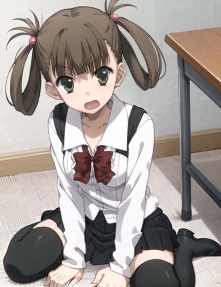 <lora:HikariKuroda:0.7> HikariKuroda, 1girl, solo, open mouth, skirt, thighhighs, bow, sitting, school uniform, black thighhighs, zettai ryouiki, wariza