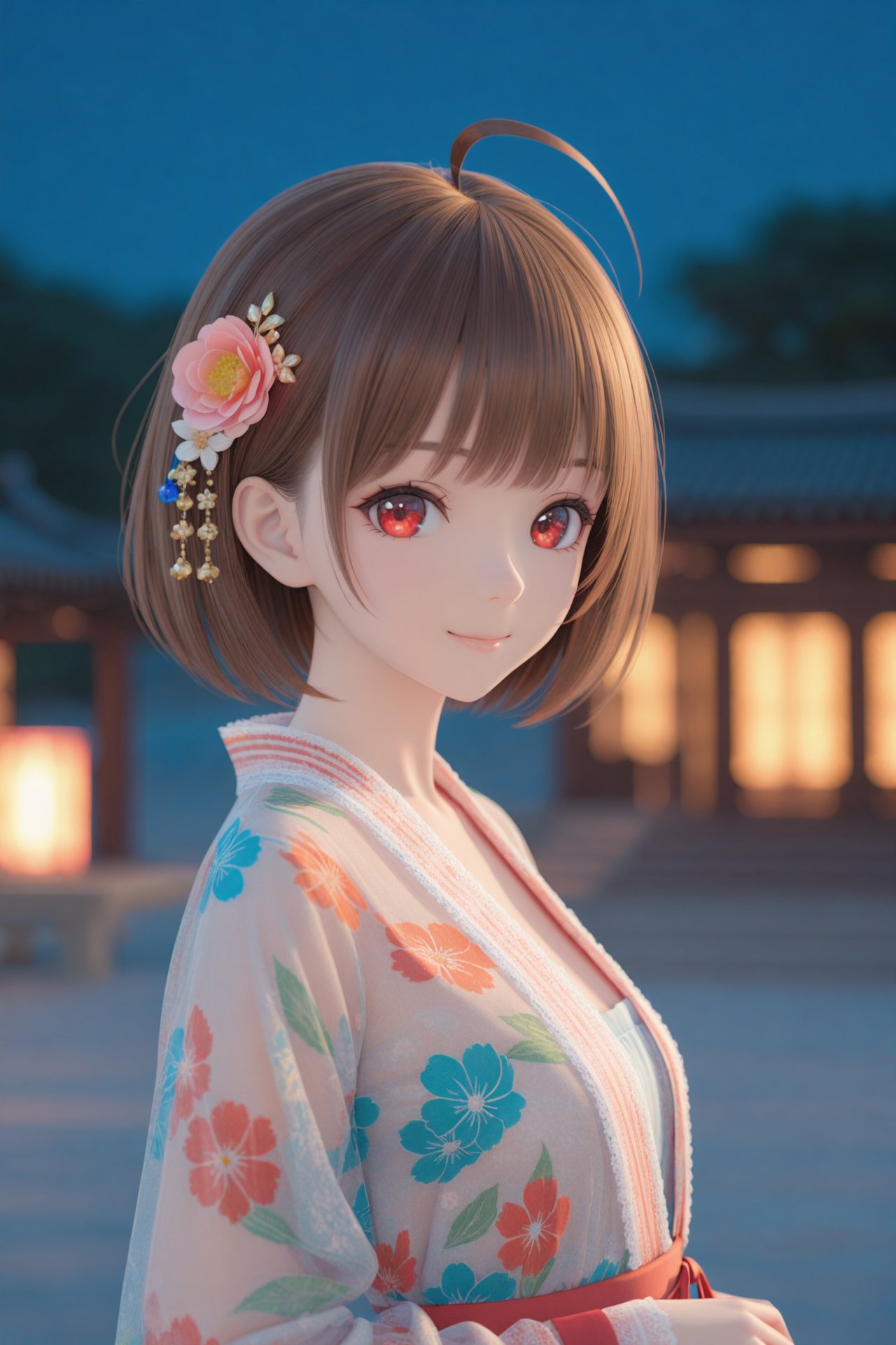 (masterpiece),(best quality),illustration,ultra detailed,hdr,Depth of field,(colorful),mmd,night,1girl,solo,red eyes,looking at viewer,hair ornament,short hair,upper body,brown hair,blurry,ahoge,bangs,see-through,depth of field,hanfu,smile,floral print,closed mouth,