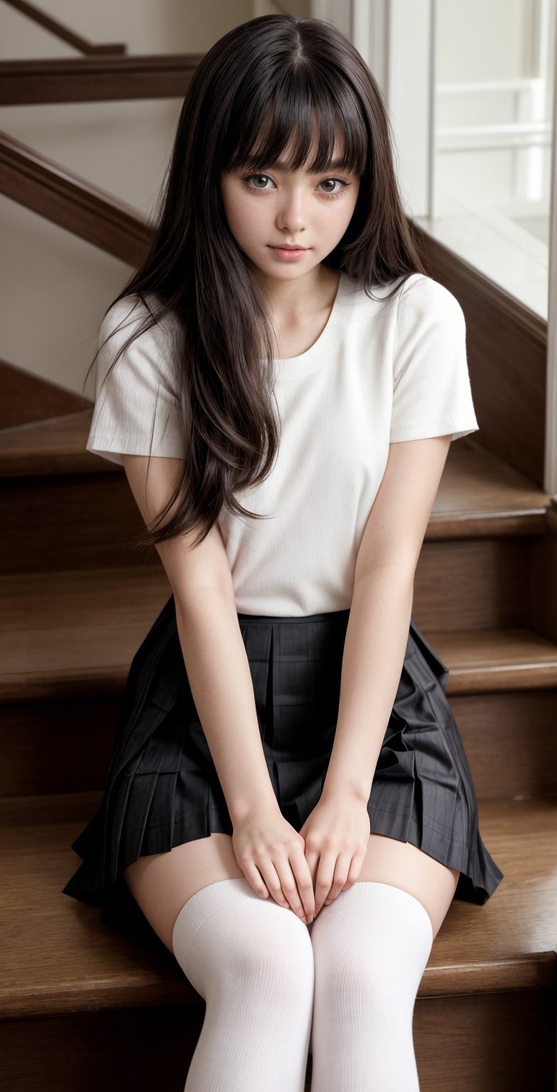 A serene scene unfolds as a beautiful girl with long, raven-black hair and a hint of chestnut-brown tresses cascading down her back, sits elegantly on the stairs, clad in a crisp school uniform. Her pleated skirt, reminiscent of Japanese serafuku fashion, falls to just above her knees, showcasing her toned thighs. White kneehigh socks add a touch of innocence, as she gazes intently at something off-camera, her expression a perfect blend of contemplation and curiosity.,thigh garter,ADD DETAIL<lora:EMS-263-EMS:0.600000>, <lora:EMS-179-EMS:0.500000>, <lora:EMS-401307-EMS:0.800000>