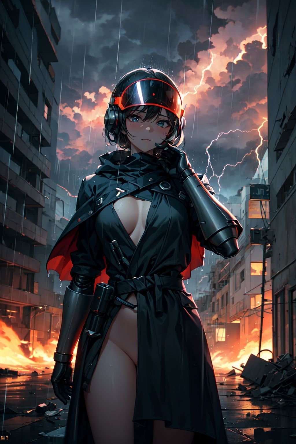 (masterpiece, best quality, chromatic aberration), (nude:1.1), (1girl:1.2), (rainy day:1.3), dark theme, dark clouds, thunder and lightning, cowboy shot, Atmospheric, dynamic angle, red glowing, cyberhelmet, visor, armor, mechanical arms, science fiction, Wearing a tattered cloak, standing, ruins of the old square after the radiation war, there are damaged buildings everywhere, smoke of gunpowder, war,