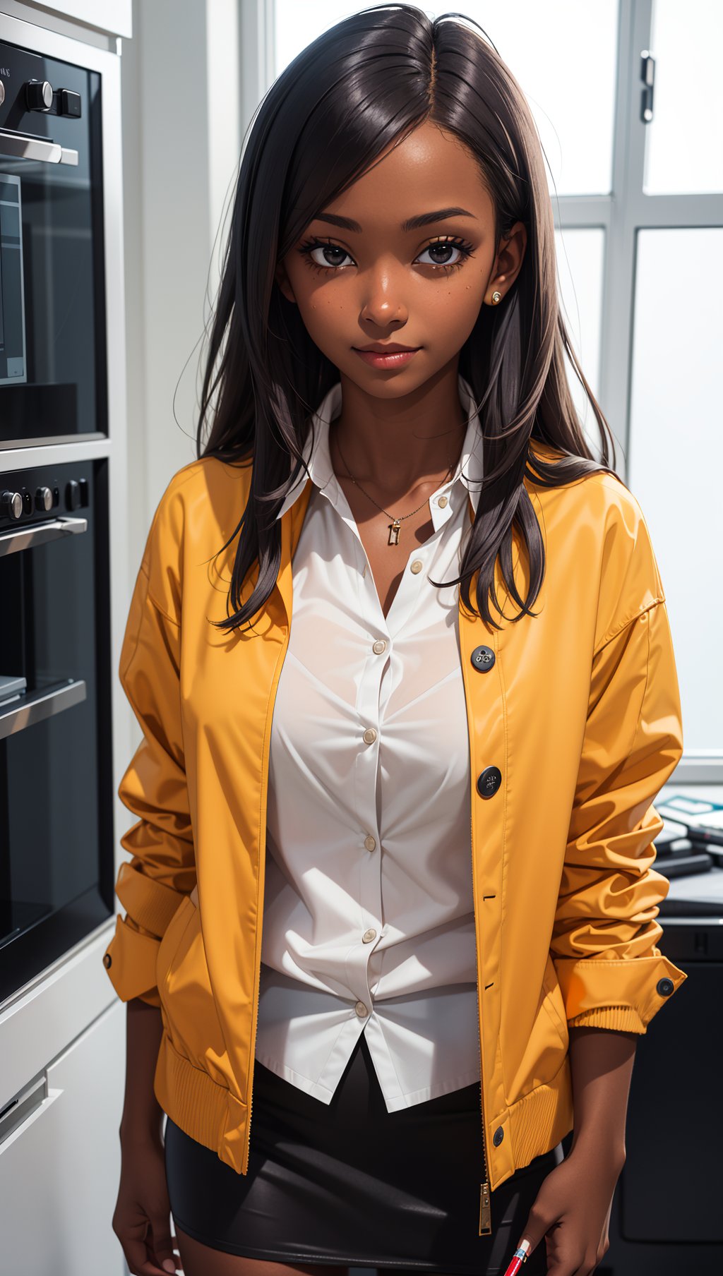 a photograph of (1girl, 23 years old, slight smile),solo,realistic,black eyes,dark skin,looking at viewer,wearing (jacket, button shirt, and pencil skirt),