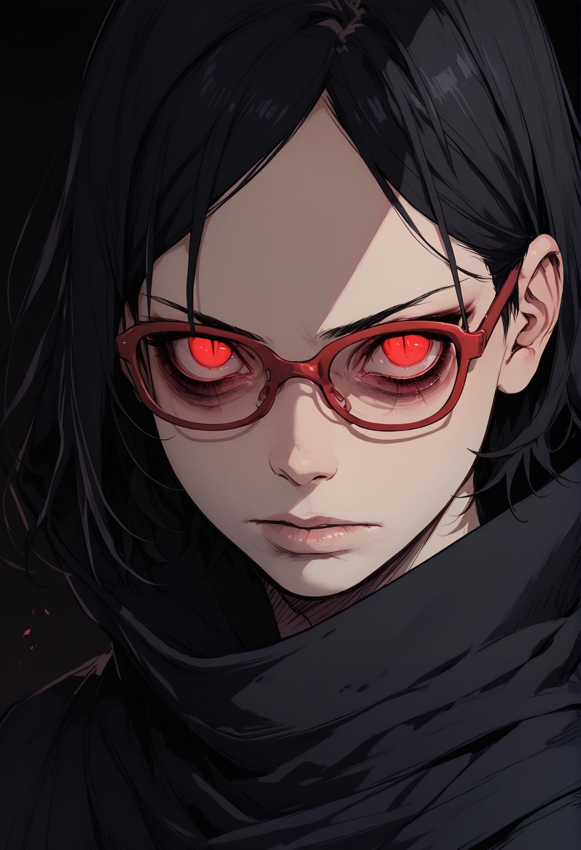 (score_9, score_8_up), score_7_up, zPDXL, Sarada Uchiha, solo, 1girl, black hair, short hair, red-framed eyewear, glasses, red eyes, dark, dark theme, black mantle, upper body, black cloak, bags under eyes, looking at viewer, slit pupils, dark background <lora:Sarada_Uchiha_XL_Pony_V2:1> <lora:Sinozick_Style_XL_Pony:1>, sinozick style, flat color