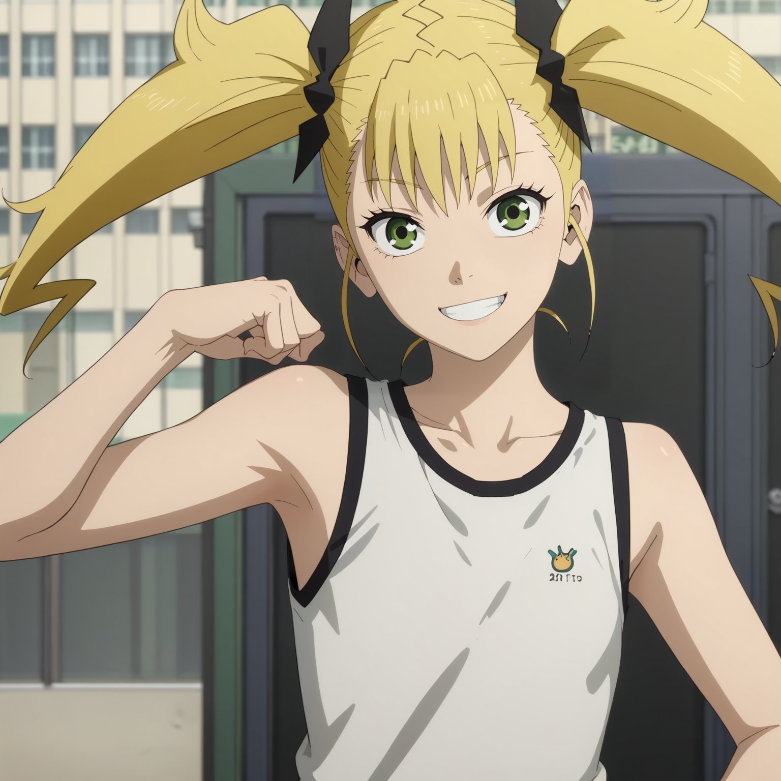 <lora:KikoruShinomiyaXLpony001>,smile,solo,KikoruShinomiya,1girl,blonde hair,twintails,green eyes,white t -shirt,sleeveless,