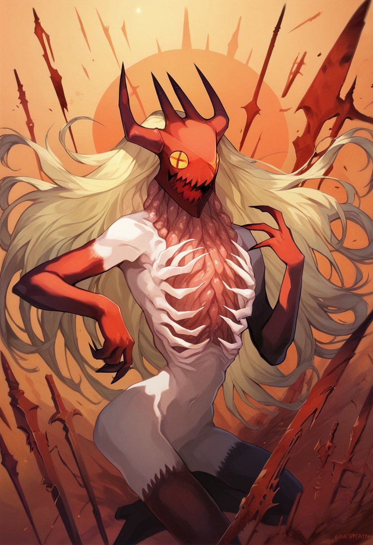 score_9, score_8_up, score_7_up,Power, Blood Devil, 1girl, long hair, blonde hair, cross-shaped pupils, ribs, exposed organs, horns, sharp teeth, nude, looking at viewer, wallpaper