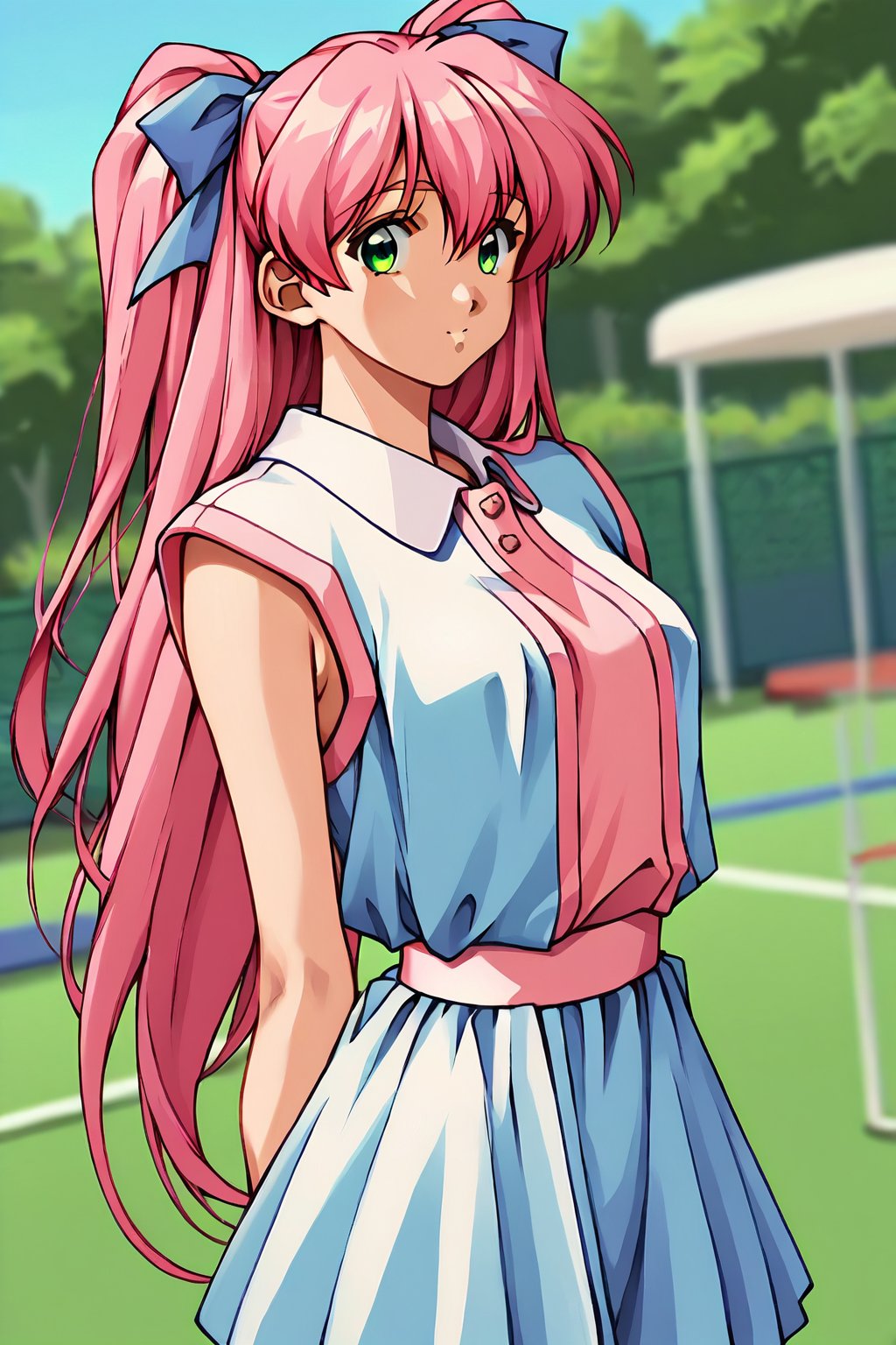 score_9, score_8_up, score_7_up, score_6_up, score_5_up, score_4_up, source_animesaeki kanako, 1girl, pink hair, green eyes, very long hair, two side-up, hair ribbon, blue ribbon, solo, tennis uniform, kanako_tennis, cowboy shot, hands behind back,masterpiece, perfect face, best quality, beautiful girl, blurry background, cute girl, beautiful eyes, shiny eyes, anime coloring, anime screencap, absurdres, outdoors. <lora:saeki kanako anyt 905:0.8>