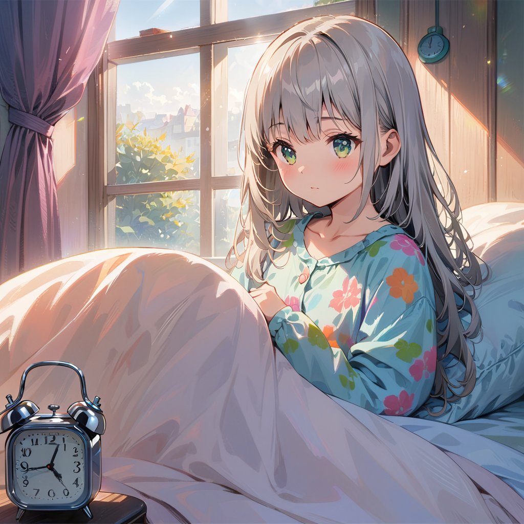 (masterpiece),(best quality),illustration,ultra detailed,hdr,Depth of field,(colorful),loli,1girl,clock,solo,alarm clock,under covers,green eyes,bed,long hair,pillow,indoors,sunlight,curtains,pajamas,grey hair,blanket,window,collarbone,bangs,