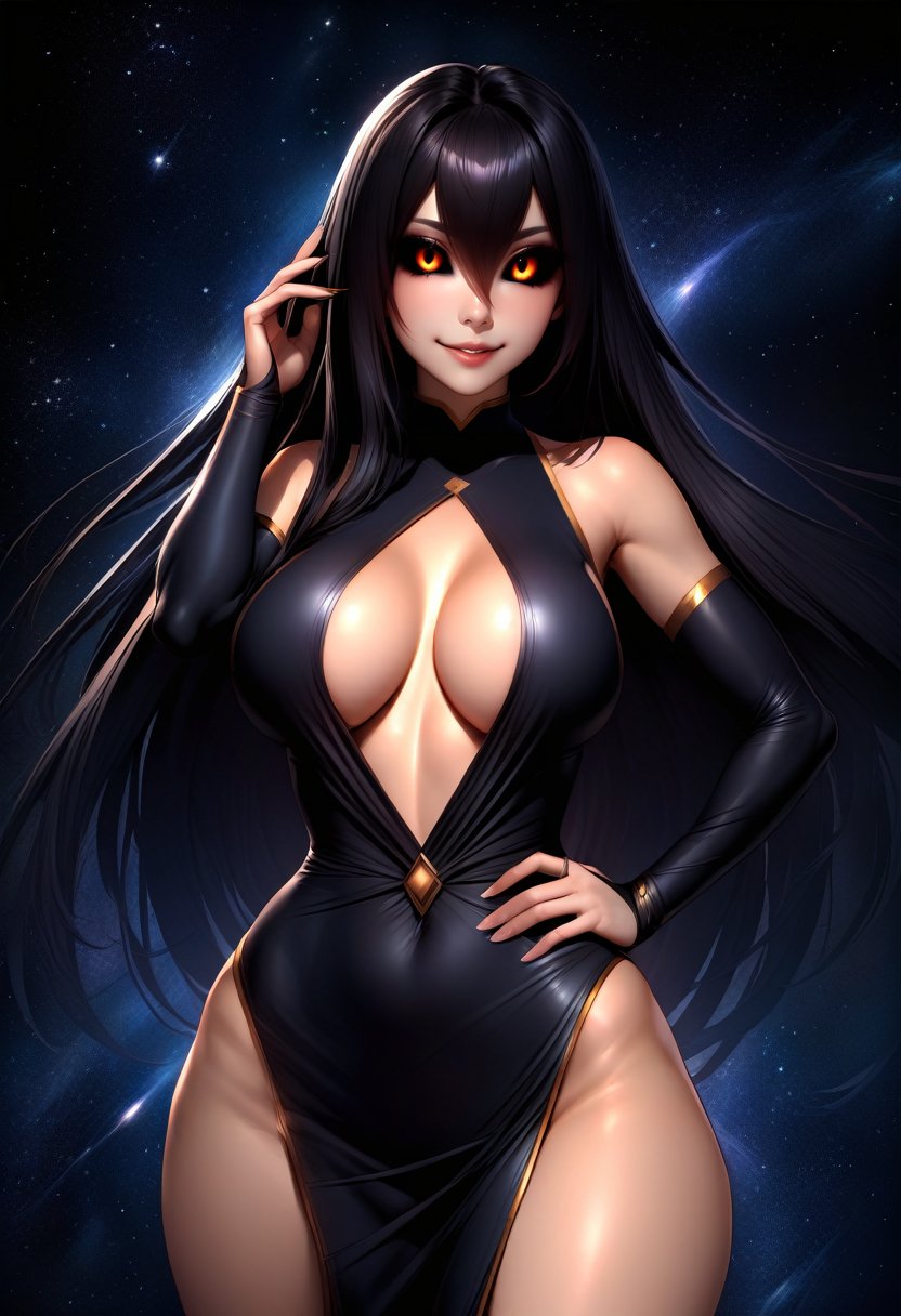 solo, 1girl, blackhole-chan, smile, looking at viewer, hand on hip, colored sclera, sleeveless dress, center opening, bridal gauntlets, large breasts, outer space <lora:gijinkaseries_blackhole_xl-000005:1>