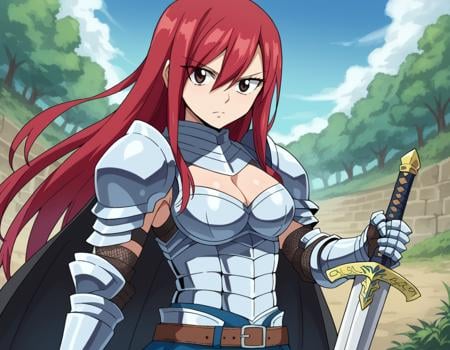 score_9, score_8_up, score_7_up, source_anime,erzascarlet, <lora:erza-scarlet-ponyxl-lora-nochekaiser:1>erza scarlet, long hair, red hair, hair between eyes, brown eyes,skirt, thighhighs, cleavage, boots, belt, sword, cape, armor, gauntlets, armored boots, greaves, knight,outdoors, nature,looking at viewer, dutch angle, cowboy shot