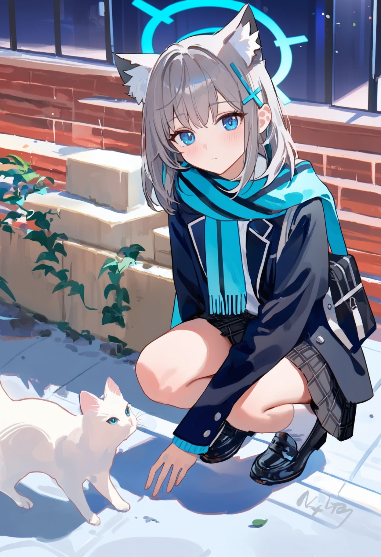 1girl,shiroko \(blue archive\), blue archive, ningen mame, ciloranko, wlop, chen bin, ask \(askzy\), tsubasa tsubasa, migolu, fuzichoco,solo, cat, bag, black bag, black skirt, cross hair ornament, long sleeves, blue eyes, grey hair, skirt, blue scarf, jacket, animal ears, animal, plaid, white socks, pleated skirt, plaid skirt, closed mouth, medium hair, looking at viewer, hair ornament, scarf, black jacket, shoulder bag, white cat, kneehighs, school uniform, socks, squatting, wolf ears, halo,masterpiece, best quality, newest, absurdres